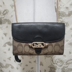 Coach Signature Elle Hardware Chain Crossbody in khaki and black.